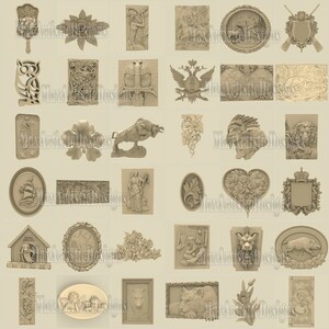 May include: A collection of 36 intricate 3D relief carvings, featuring a variety of themes, including animals, nature, and heraldry. The carvings are all in a light brown color and have a detailed, realistic style.