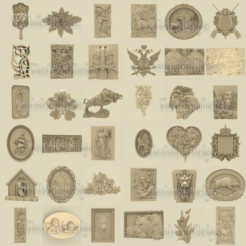 May include: A collection of 36 intricate 3D relief carvings, featuring a variety of themes, including animals, nature, and heraldry. The carvings are all in a light brown color and have a detailed, realistic style.