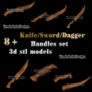Könnte beinhalten: Ein Set mit 8+ 3D-druckbaren STL-Modellen von Messer-, Schwert- und Dolchgriffen. Die Griffe sind aufwendig detailliert und haben eine goldene Oberfläche. Der Text "Knife/Sword/Dagger Handles set 3d stl models" wird auf einem schwarzen Hintergrund angezeigt.