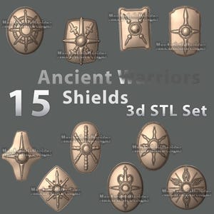 以下が含まれることがあります： 古代の戦士のための3Dプリント可能なシールドデザイン15個セット。シールドは金属製で、さまざまな複雑なデザインが施されています。シールドは3D STLセットとして入手可能です。