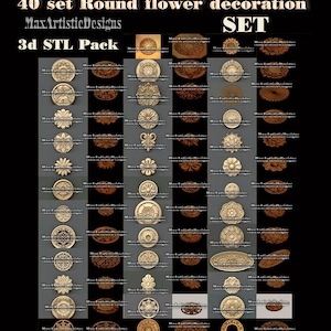 38 3d stl Round flower rosettes decoration set 3d model bas relief models for cnc routers - Digital Download