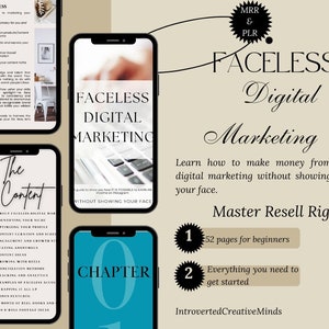 May include: A digital marketing guide with the title "Faceless Digital Marketing" on a blue background. The guide includes information on how to make money from digital marketing without showing your face. The guide also includes master resell rights and is available for beginners.