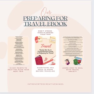 May include: A digital illustration of a travel ebook with the title "Our Preparing for Travel Ebook". The ebook cover features a red passport, a key, and a travel sticker. The ebook is divided into three sections: "10 Key Points to Help You Plan Your Next Trip", "Everything You Need to Know Before Traveling", and "Learn How to Deal with Travel Anxiety".