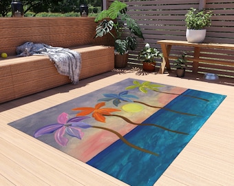 Colorful Palm Sunset Outdoor Rug | Tropical Beach Scene Rug
