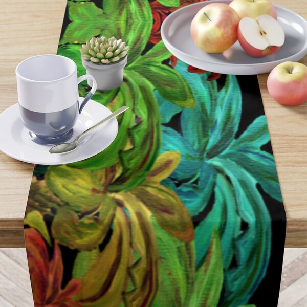 Tropical colorful banana palm frawns on black background bold art design Table Runner of my art.  Size 90" x 16".