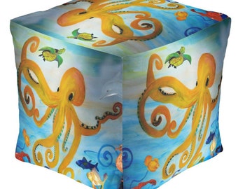 Yellow octopus party beach coastal home ottoman or foot stool from my art.