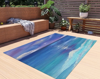 Watercolor Coastal Outdoor Rug: Beach House Patio Mat
