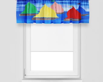 Sailboats nautical coastal home window curtain valance with my art. Bold colorful sailboats window curtain valance, nautical design.