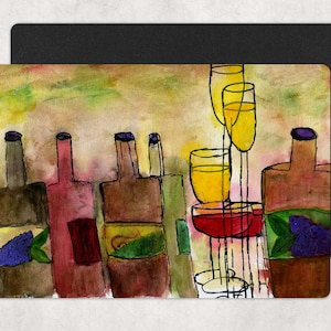 May include: Watercolor painting of wine bottles and glasses. The bottles are brown, red, and green with purple accents. The glasses are filled with yellow and red liquids. The background is a mix of yellow and green.
