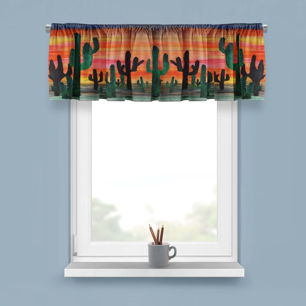 Cactus desert sunset design window curtain valance with my art. Valance size 52" x 15" and 72" x 15". Desert home window valance.