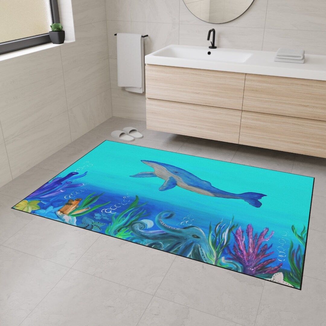 Whale Ocean Reef Floor Mat: Non-skid Aqua Beach House Rug - Etsy