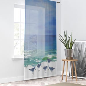 Sheer Coastal Birds Window Curtain, Beach Tropical Home Decor, 50x84 Inches Bedroom Living Room Curtain, Sandpipers Design, Coastal Home