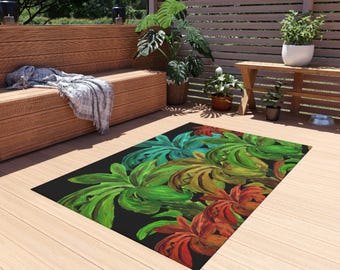 Tropical Palm Leaves Outdoor Rug | Colorful Tropical Foliage Doormat
