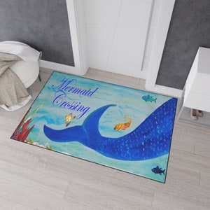 Mermaid crossing door floor mat beach house rug for indoor or outdoor with non-skid backing of my art. Mermaid door mat.