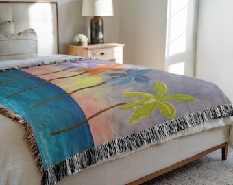 Tropical Beach Woven Blanket – 100% Cotton Coastal Throw With Palm