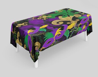 Mardi Gras Fleur de Lis & Masks Tablecloth: Purple, Gold, Green