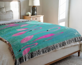 Flamingos tropical home theme Woven throw Blankets