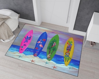 Tropical Surfboard Beach Scene Floor Mat | Coastal Decor, Entry Rug