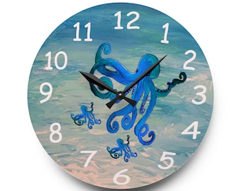 Orologio da parete in acrilico con motivo a polpo blu, vita marina, oceano e costa / Decorazione a forma di polpo