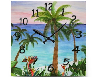 Tropical Palm Tree Acrylic Wall Clock - Coastal Beach House Decor, Round/Square Acrylic Wall Clock, Art Clock