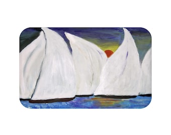 Zeilboot zonsondergang badmat | Nautische kunst White Sails, decoratie aan zee