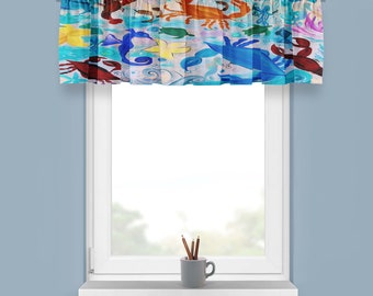 Sea life party window curtain valance with my art. Valance and curtains coastal home. Sea life coastal home window curtain valance.