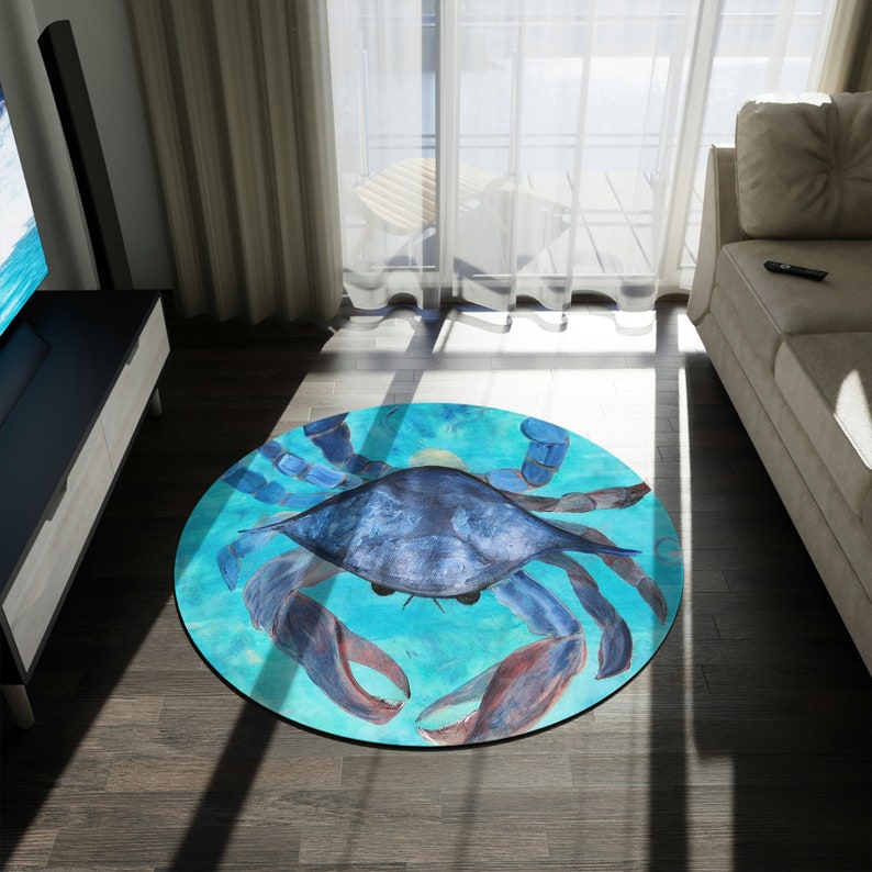 Blue Crab Round Rug: Coastal Beach House Decor (60 Inch) - Etsy