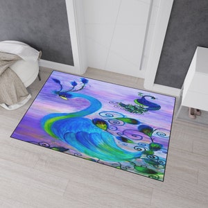 Peacocks rug floor mat for indoor or outdoor with non-skid backing of my art. Peacock bird rug floor mat. Peacock decor.