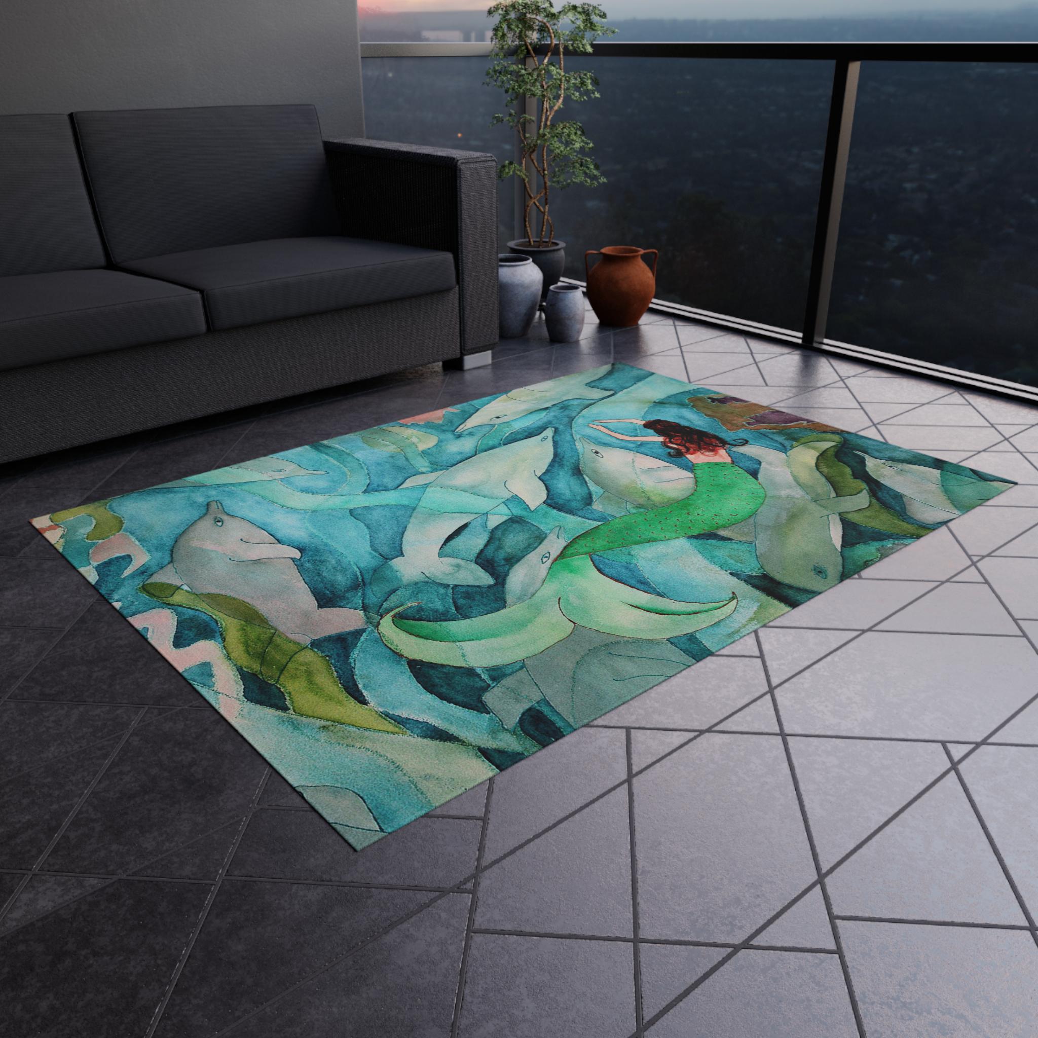 人魚とイルカの屋外用ラグ | 海の風景を描いた水彩画風マット - Etsy 日本