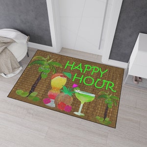 Happy Hour tropical drinks beach bar door rug floor mat for indoor or outdoor with non-skid backing of my art. Tik bar Heavy Duty Floor mat.