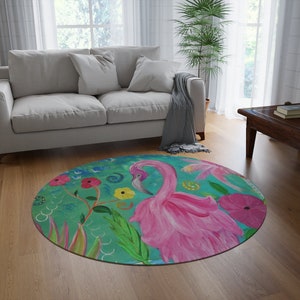 Flamingo fantasy garden home art design coastal home 60&quot; Round Rug with my art. Rug is 5&#39; in diameter. Flamingo round rug.