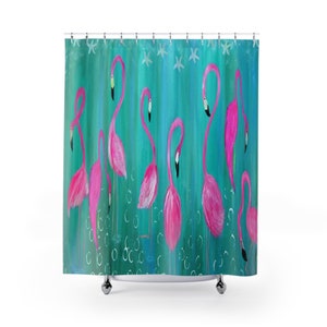 Flamingos Beach coastal home or condo bahtroom Polyester Shower Curtain with my art design. Coastal pink flamingos Florida shower curtain.