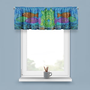 Fish bubbles window curtain valance with my art. Valance and window curtains. Tropical fish bubbles window curtain valance.