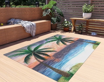 Tropical Palm Sunset Outdoor Rug | Beach Scene Patio Mat