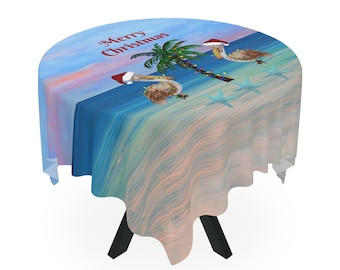 Tropical Pelicans Merry Christmas Tablecloth | Coastal Holiday Table Linen