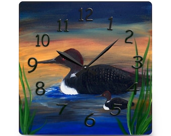 Loon lake wildbird lodge cabin Wall Clock with my art. Loon wall clock is available round or square. Loon Beautiful acrylic clock design.