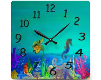 Underwater Sea Life Clock Acrylic Wall Clock | Seahorse Turtle Ocean Scene