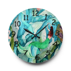 Mermaid and dolphins coastal Wall Clock with my art. Mermaid wall clock is available round or square. Beautiful acrylic coastal home.