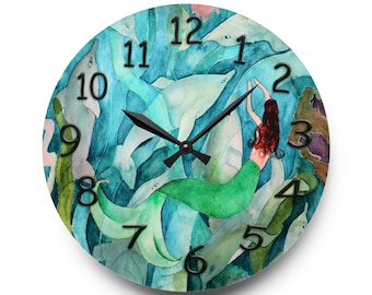 Mermaid and dolphins coastal Wall Clock with my art. Mermaid wall clock is available round or square. Beautiful acrylic coastal home.