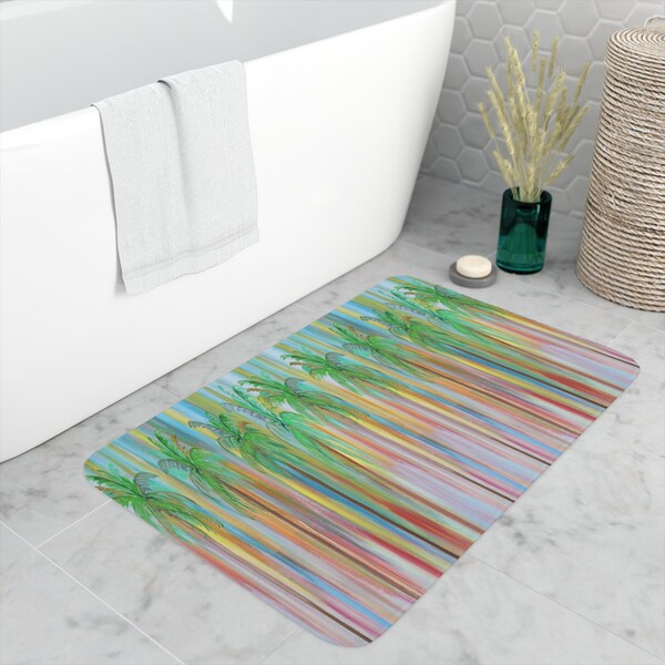 Tropical palm trees bathmat rug with my art design.Bathroom memory foam rug.