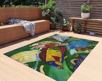 Tropical Fish Pattern Outdoor Rug | Colorful Reef Seafood Ocean Scene