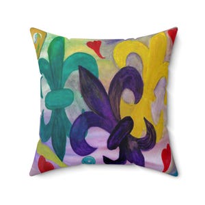 Mardi Gras Fleur De Lis and hearts Pillow, Square Pillow, Home Decor, Throw Pillow, Spun Polyester, Crowned Design