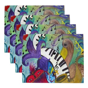 May include: Set of four colorful placemats featuring a whimsical design with a purple flower, a piano keyboard, a trumpet, a saxophone, and a brown bird with a yellow beak. The background is a blue and green watercolor wash with musical notes.