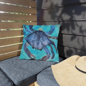 Coastal Blue Crab Outdoor Pillow with Insert, Coastal Home Decor, Crab Art Throw Pillow, Crab Lumbar Pillow, Nautical Cushion Cover