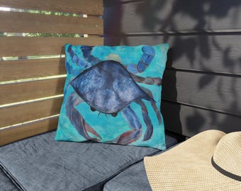 Blue Crab Outdoor Pillow: Coastal Nautical Cushion Cover
