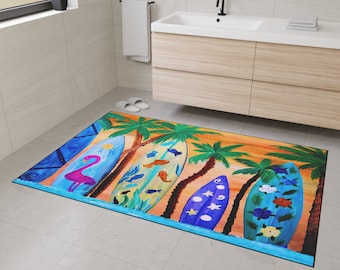 Surfboards and Palm Trees Beach Rug: Coastal Indoor/Outdoor Floor Mat