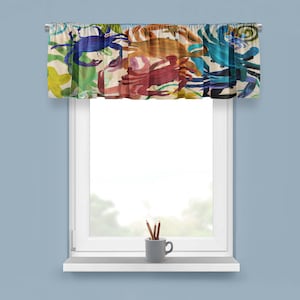 Crab party coastal window curtain valance with my art. Valance size 52&quot; x 15&quot; and 72&quot; x 15&quot;. Beach house window decorative accessory.