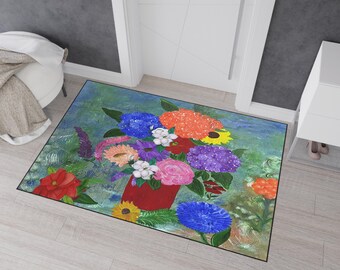 Zwaar uitgevoerde vloermat met kleurrijk bloemenboeket | Geschilderde bloemenvaasdeurmat