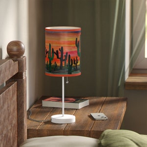 Cactus sunset desert home table, desk or bar  Lamp on a Stand, with my art. US|CA plug.