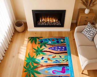 Surfboards in sunset with palm trees indoor beach house Area Rugs of my art.